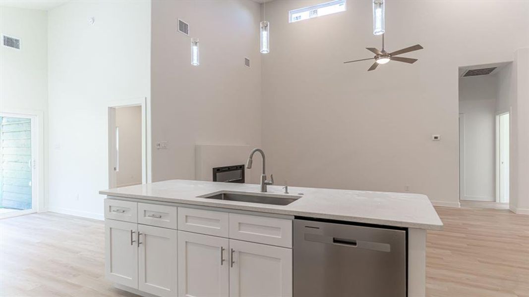 Kitchen island with view into living room