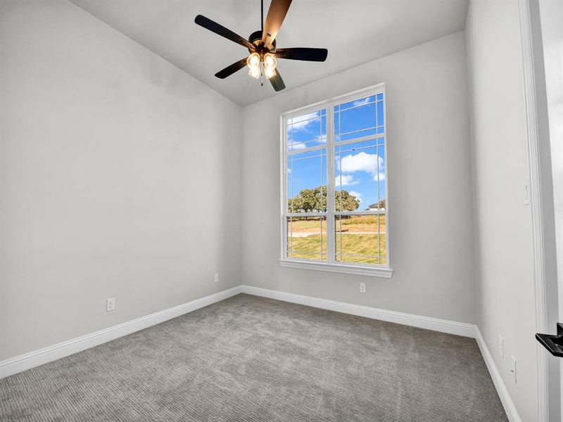 Spare room with ceiling fan and carpet floors