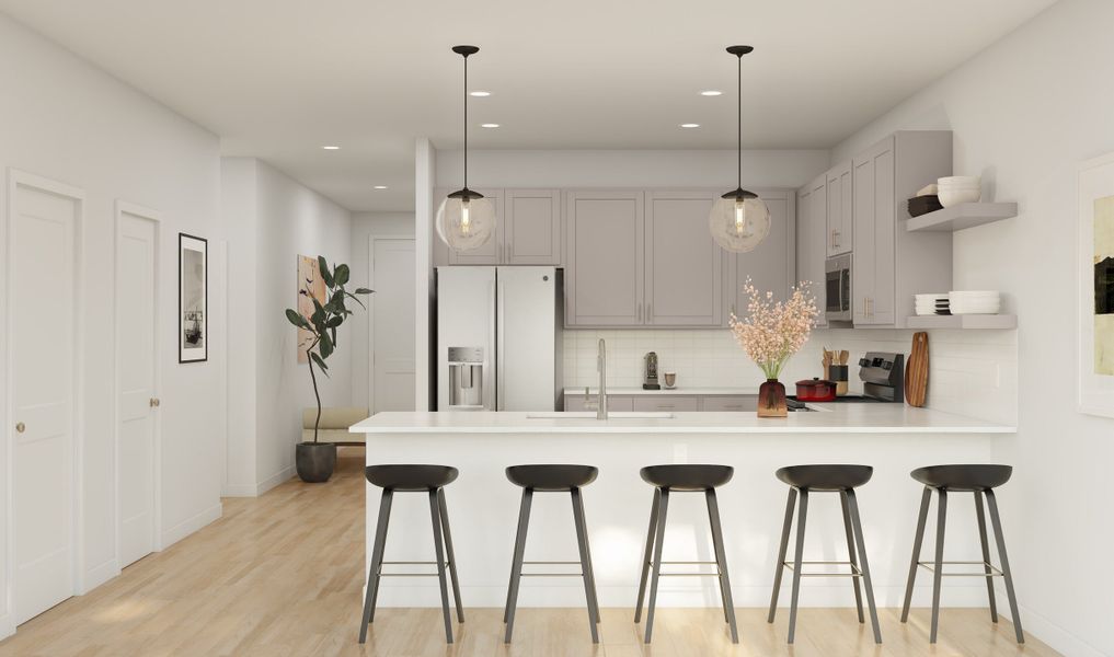 Kitchen with peninsula island, floating shelves and pendant lights