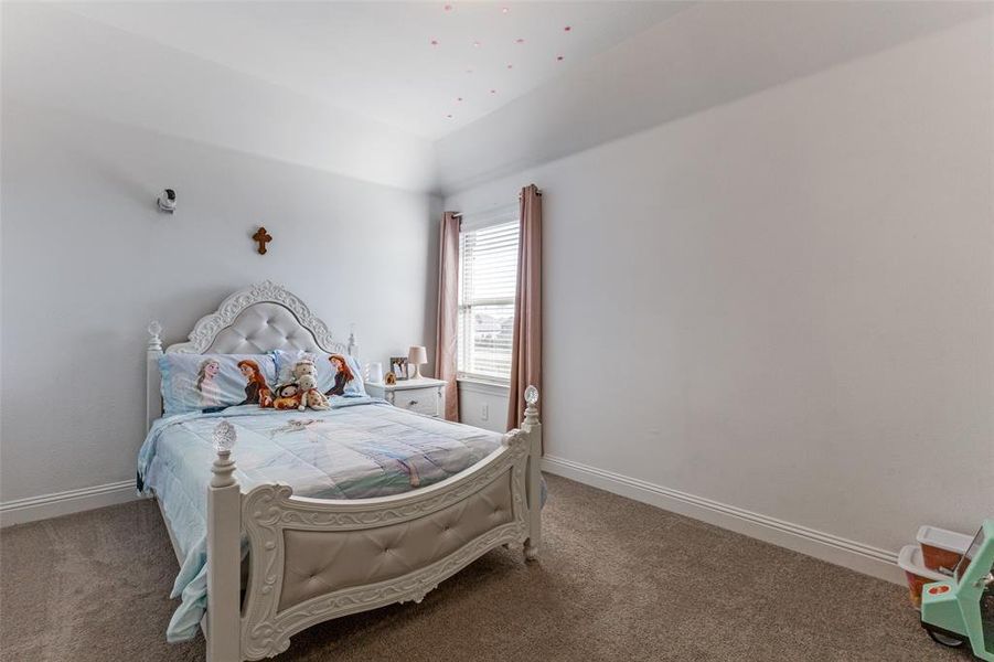 Bedroom featuring carpet floors and lofted ceiling