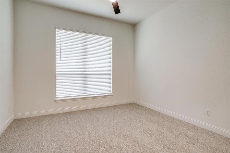 Carpeted spare room featuring a healthy amount of sunlight and ceiling fan