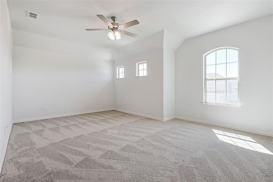 Empty room featuring a healthy amount of sunlight, light carpet, and ceiling fan