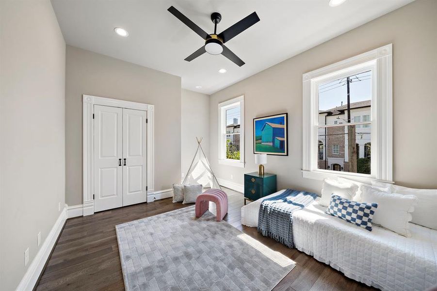 First bedroom upstairs, to the left of the stairs. Great space as a kid's bedroom, or home office!