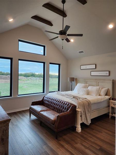 Bedroom with multiple windows, dark hardwood / wood-style floors, and ceiling fan