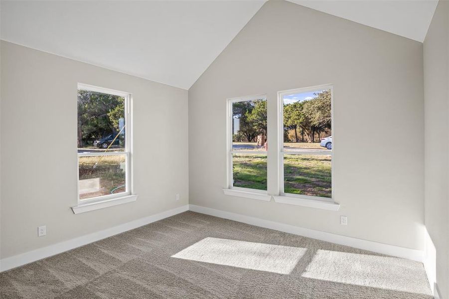 Empty room with carpet flooring and high vaulted ceiling