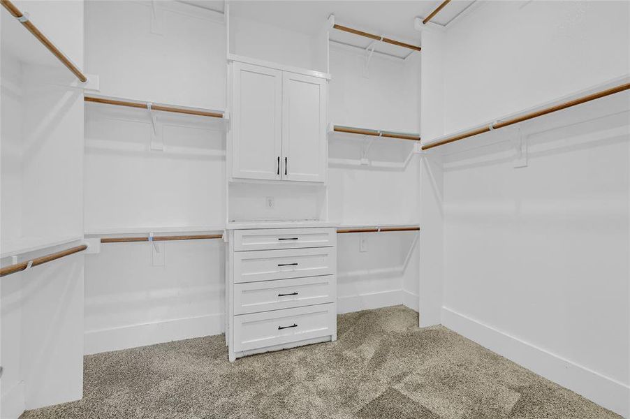 Walk in closet featuring light carpet