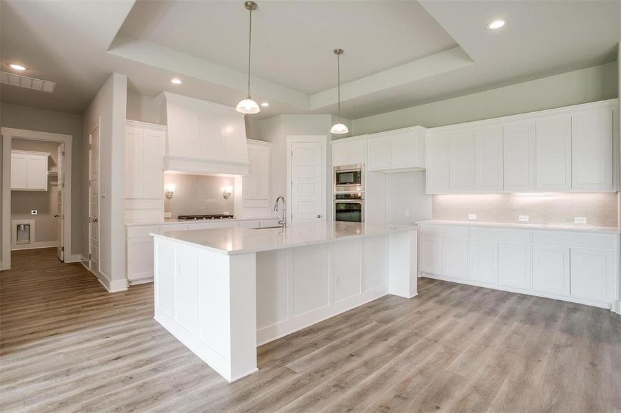 Kitchen featuring stainless steel appliances, light hardwood / wood-style flooring, a tray ceiling, and tasteful backsplash