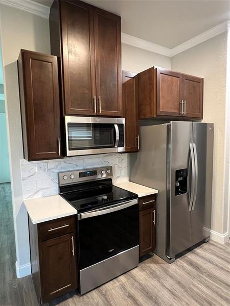 Kitchen with dark brown cabinetry, ornamental molding, tasteful backsplash, stainless steel appliances, and light hardwood / wood-style floors