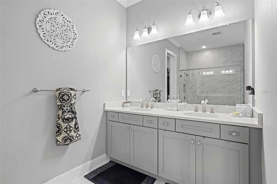 Dual Sink Vanity with Quartz Countertops.