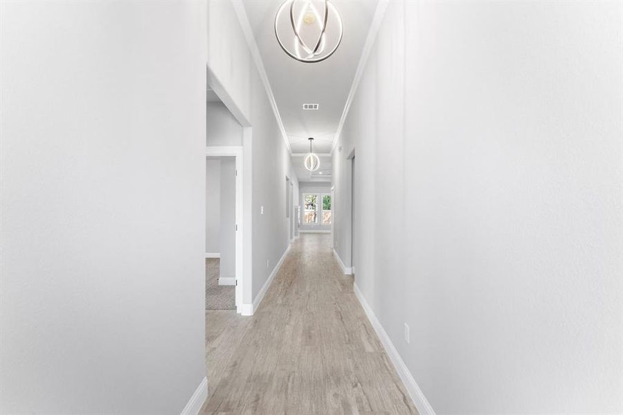 Hall featuring crown molding and light hardwood / wood-style floors