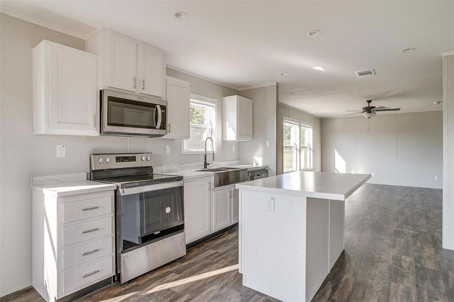 Kitchen featuring a kitchen island, dark wood-type flooring, stainless steel appliances, ceiling fan, and white cabinets