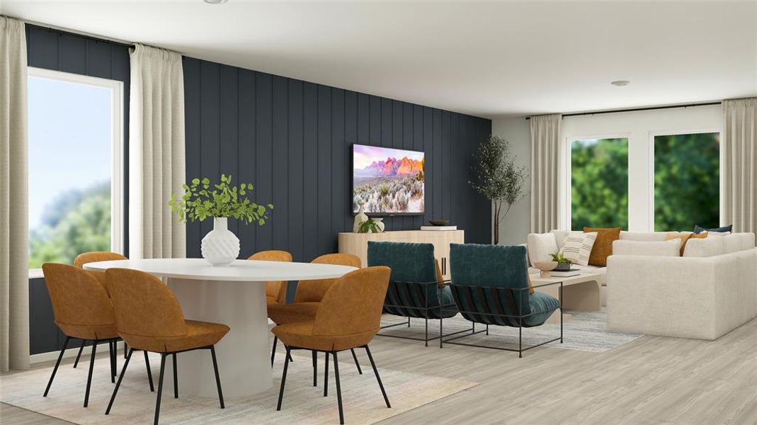 Dining space with light wood-type flooring