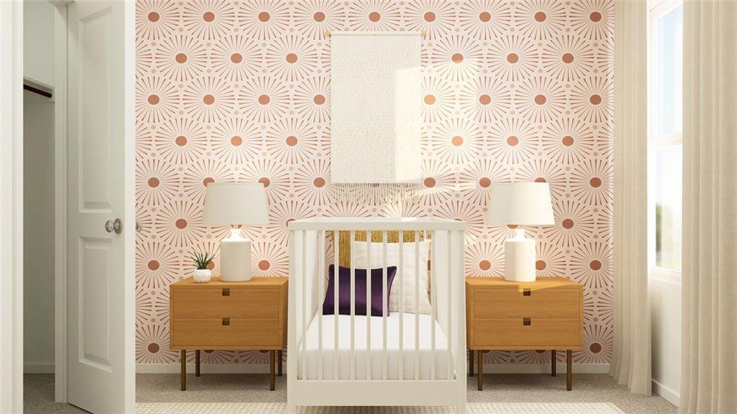 Carpeted bedroom with a nursery area