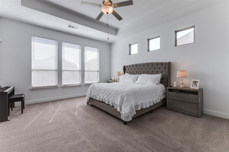 Carpeted bedroom with ceiling fan and a raised ceiling