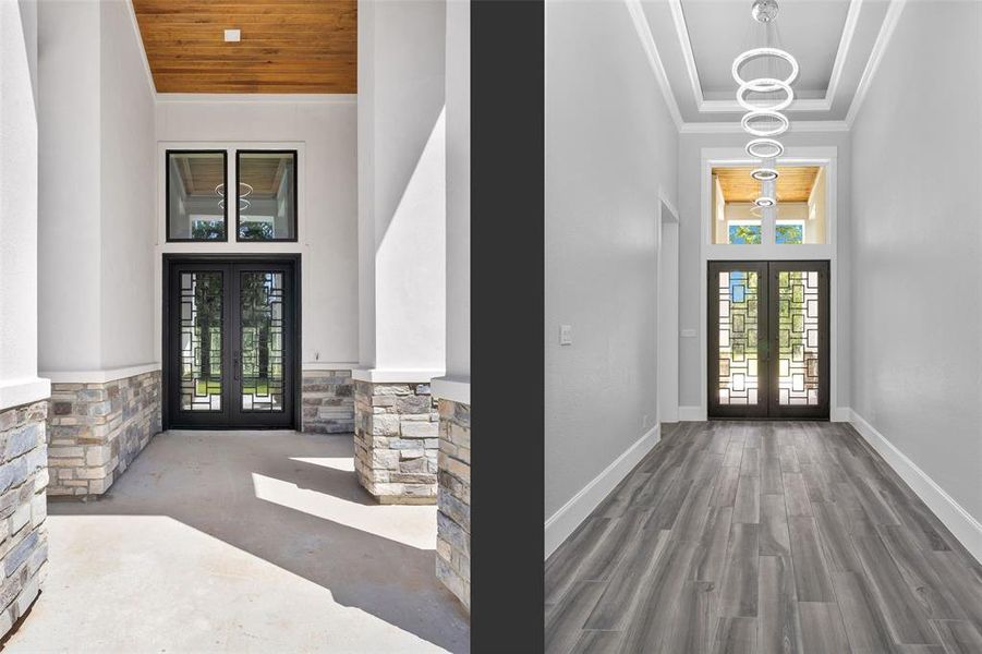 The modern entryway is a showcase featuring the Forged Iron Double Door & transom flanked by stucco & stone columns leading into a bright and welcoming interior space. Ring Elite Door Bell will be installed with Power Over Ethernet (POE).