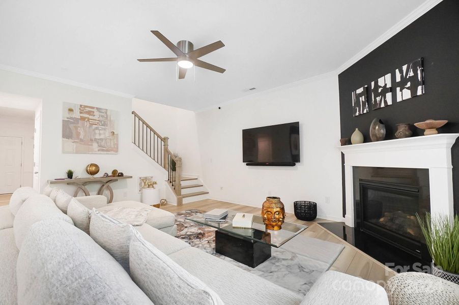 Oversized living room with fireplace