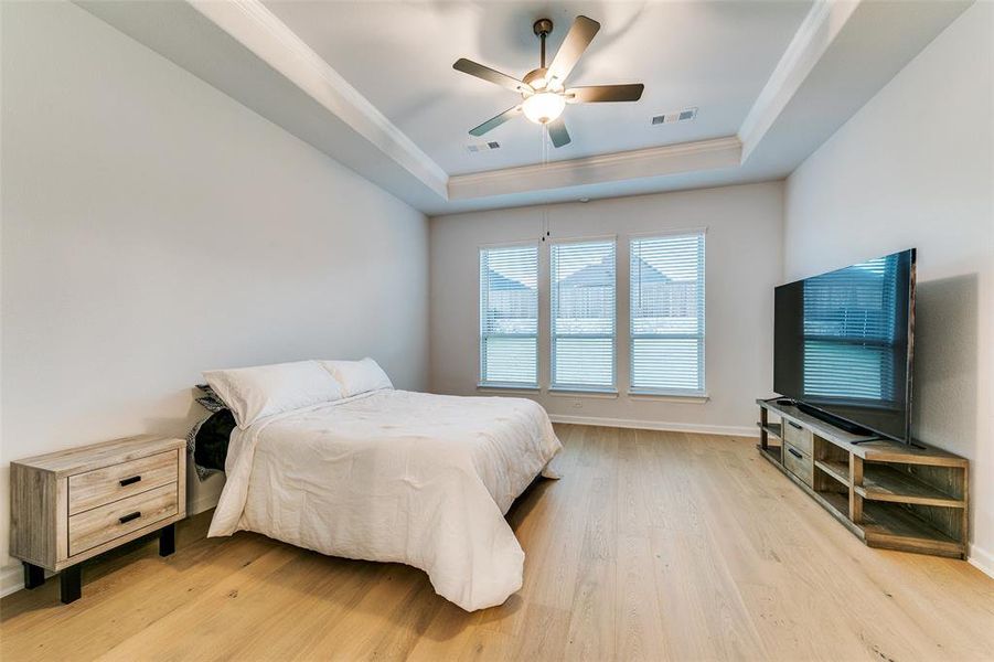 Bedroom with light hardwood / wood-style floors, a raised ceiling, and ceiling fan