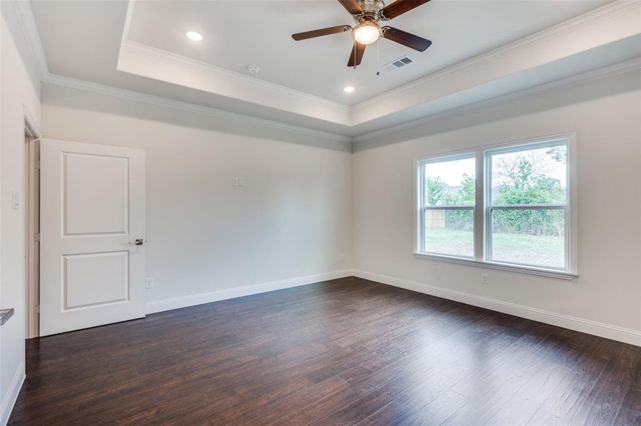 Spare room featuring ceiling fan, crown molding, dark hardwood / wood-style flooring, and a raised ceiling