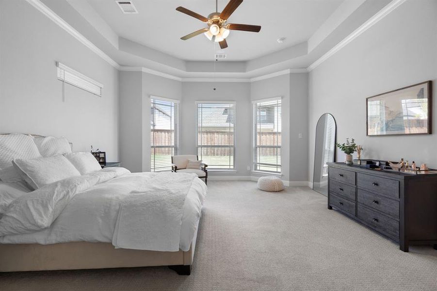 Primary Bedroom with tray ceiling, ceiling fan