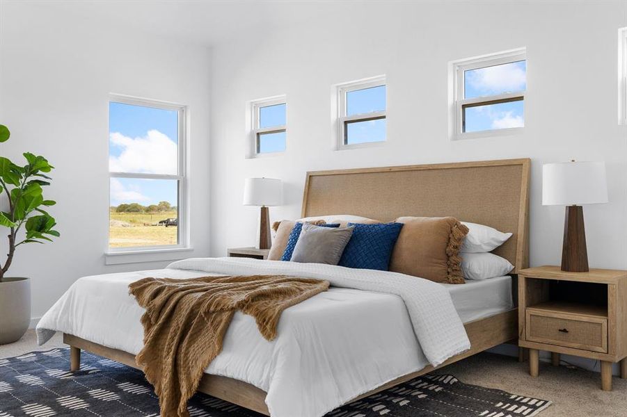 Carpeted bedroom with multiple windows