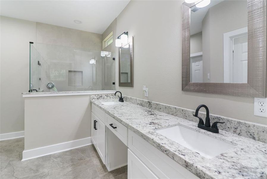 Dual vanities, walk in shower, and private toilet in master bath room