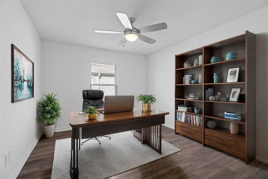 Virtually Staged Home office featuring dark hardwood / wood-style flooring and ceiling fan