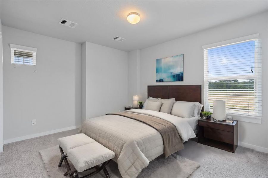Secondary bedroom features plush carpet, neutral paint, and a large window with plenty of natural light.