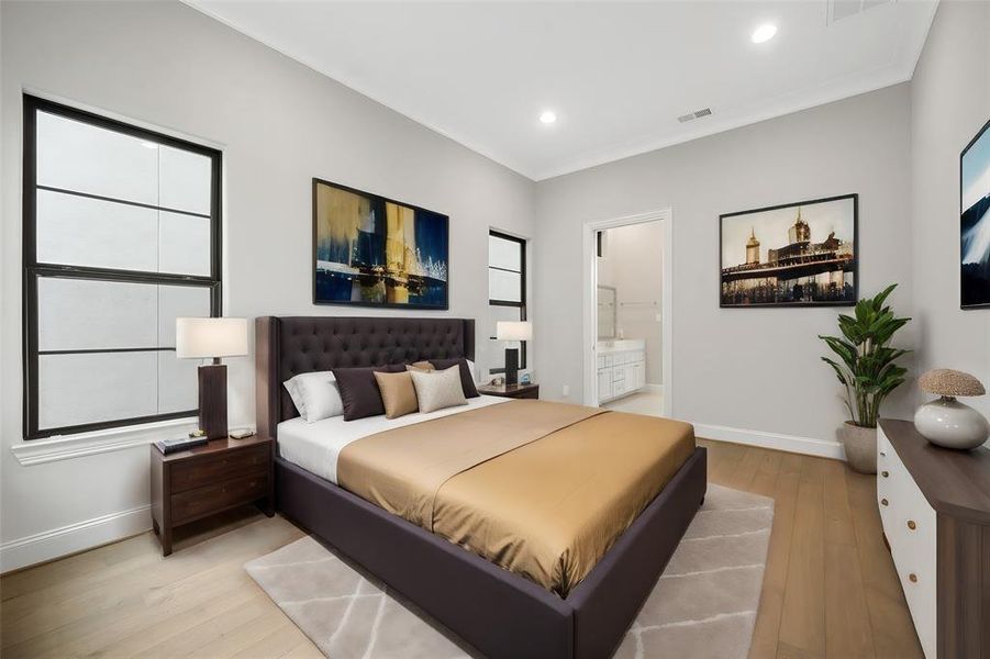 What a wonderful place to come home to, this stunning master suite greets you with high ceiling, crown molding, windows allowing in natural light brightening up this spacious master bedroom (virtually staged)