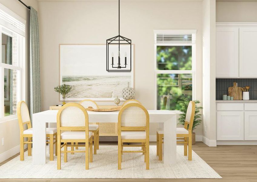 Rendering of the dining room adjacent to
  the kitchen in the Laurel plan. The room has a chandelier, six-person table,
  large windows and wood-look vinyl plank flooring.