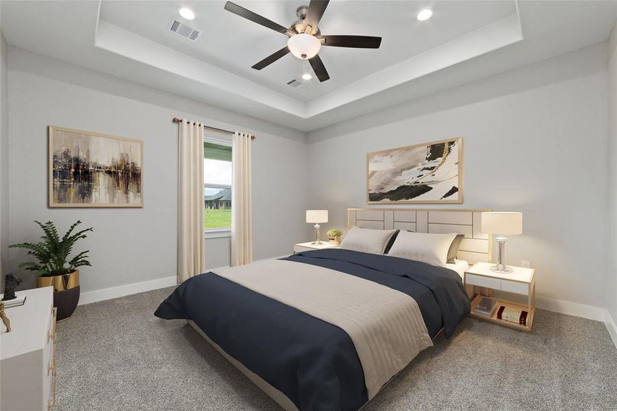 Virtually Staged. Welcome to the third bedroom, featuring plush carpeting and a vaulted ceiling that adds a sense of openness and charm. There's ample space to personalize with a nightstand and furniture to suit your taste and needs.