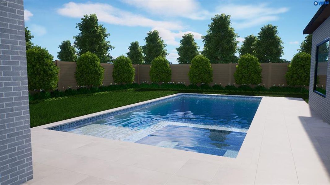 Virtual view of pool / spa and yard from lanai. Create a wall of large hedges for total privacy in your backyard oasis.