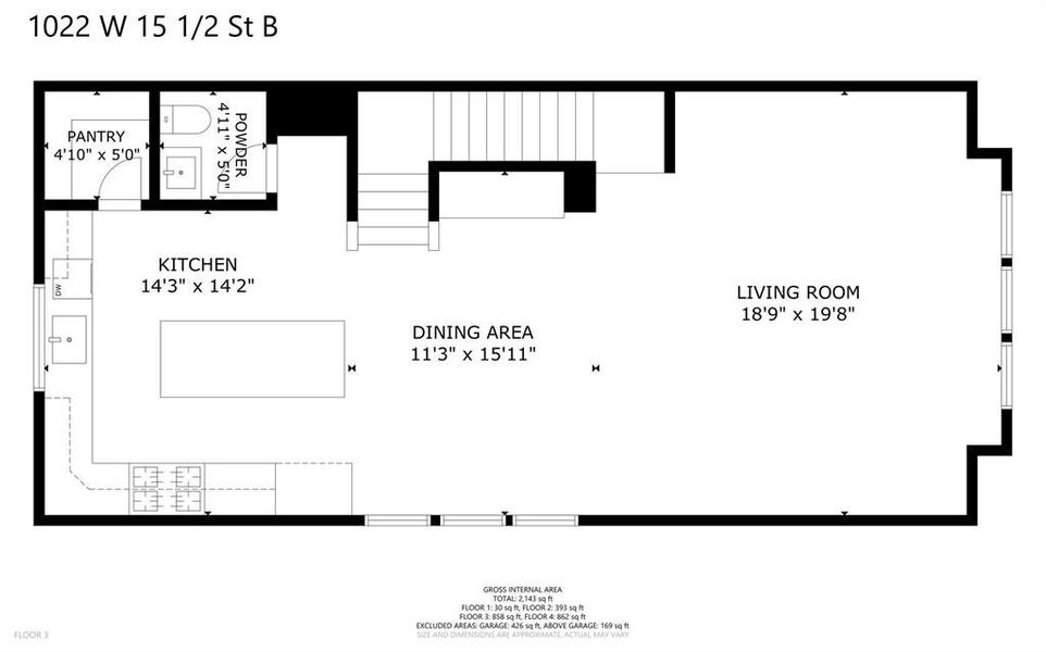 3rd Floor living space, dining, and kitchen.