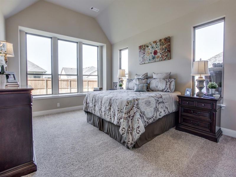 Bedroom featuring multiple windows and light carpet