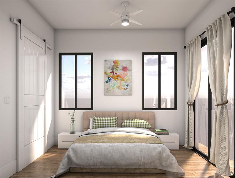 Bedroom with a private balcony and huge Anderson windows.  Rendering is for illustration purpose only. There may be minor variations from the completed product