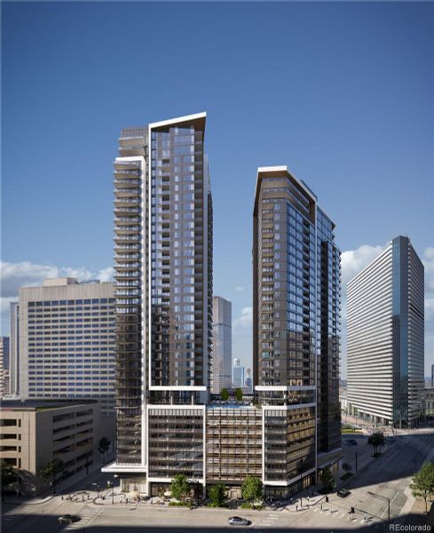 Two towers with amenities in the center podium