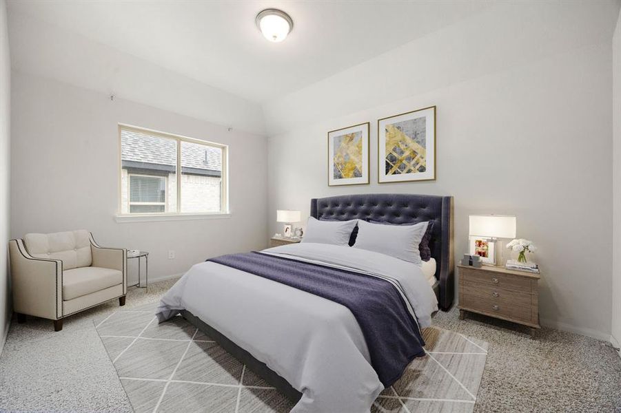 Secondary bedroom features plush carpet, neutral paint, ample closet, lighting and a large window with privacy blinds.