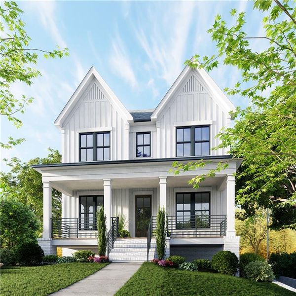 Modern inspired farmhouse featuring a porch and a front yard