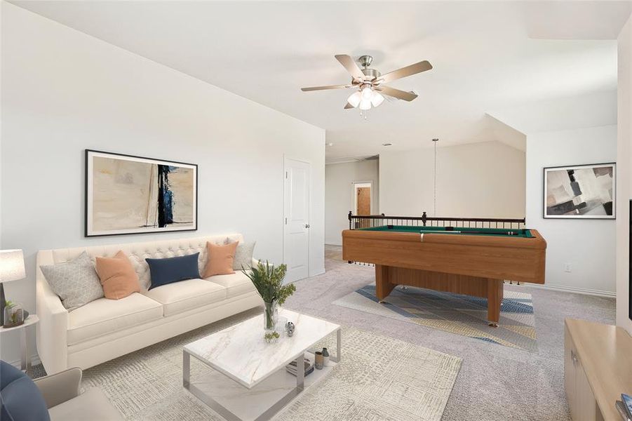 Game room featuring light carpet, lofted ceiling, and ceiling fan