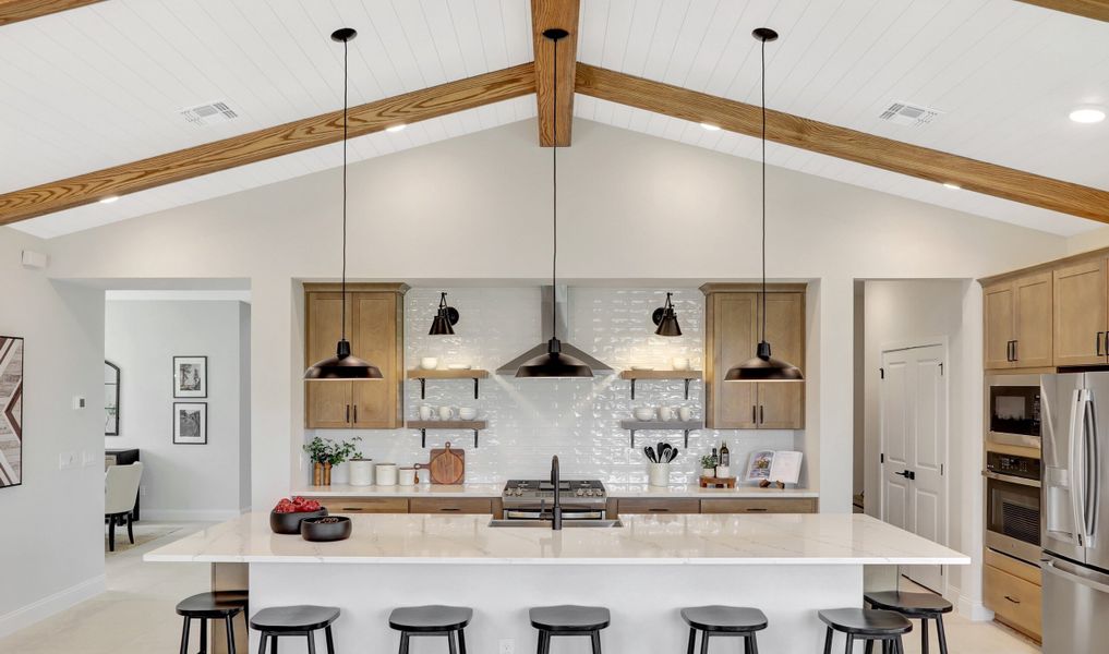 Vaulted ceiling with beams in kitchen