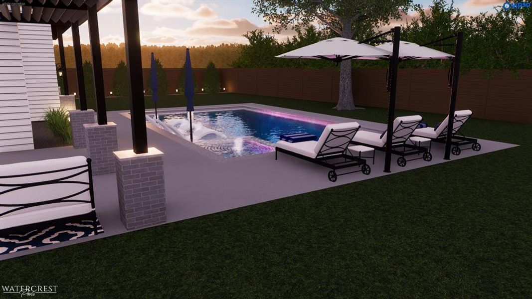 Pool at dusk featuring a patio area and a lawn