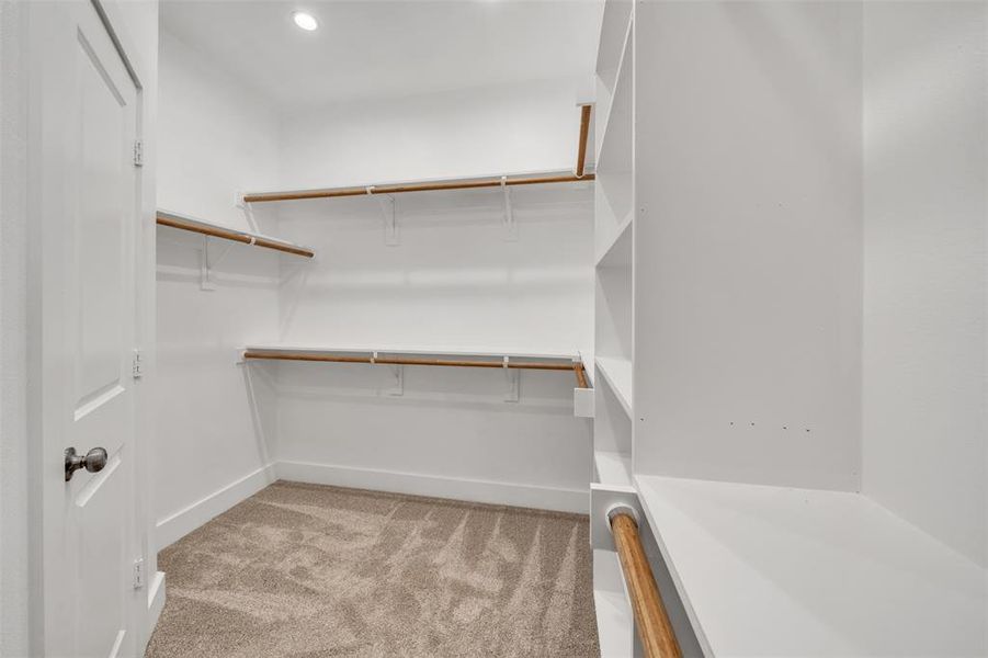 Walk-in closet with light carpet