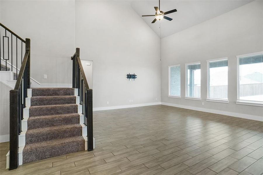 Wood look tile floors. Vaulted Ceiling