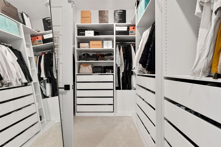 Large walk in closet with light carpet