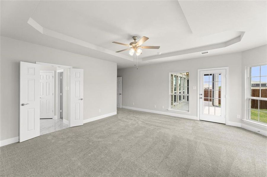 Unfurnished room featuring a raised ceiling, ceiling fan, and a wealth of natural light