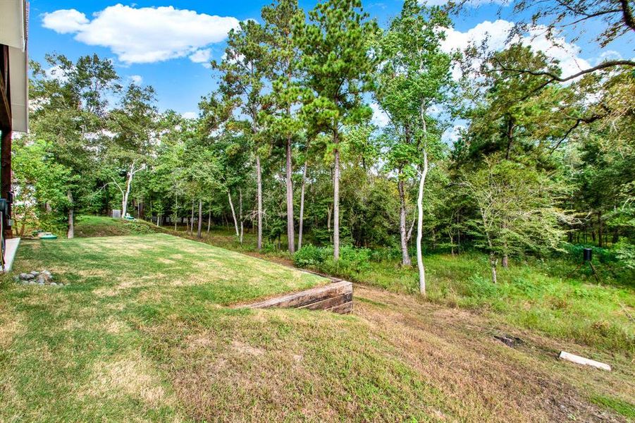 A spacious backyard with a well-maintained lawn that transitions into a wooded area, providing a serene and private natural setting.  The property goes straight back - total of 2.7 acres.  See survey in attachments.