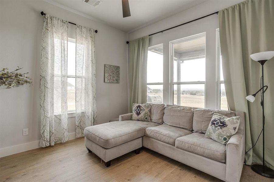 Living room featuring light wood-type flooring and ceiling fan