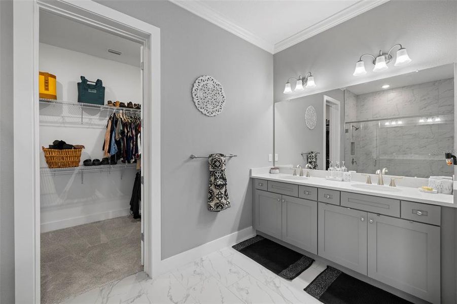 Dual Sink Vanity with Quartz Countertops.