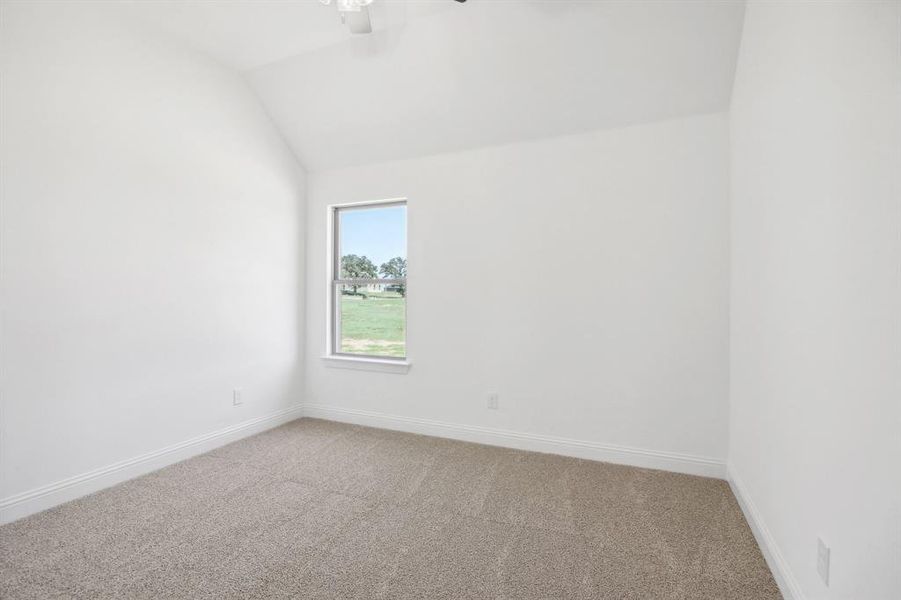 Carpeted spare room featuring lofted ceiling