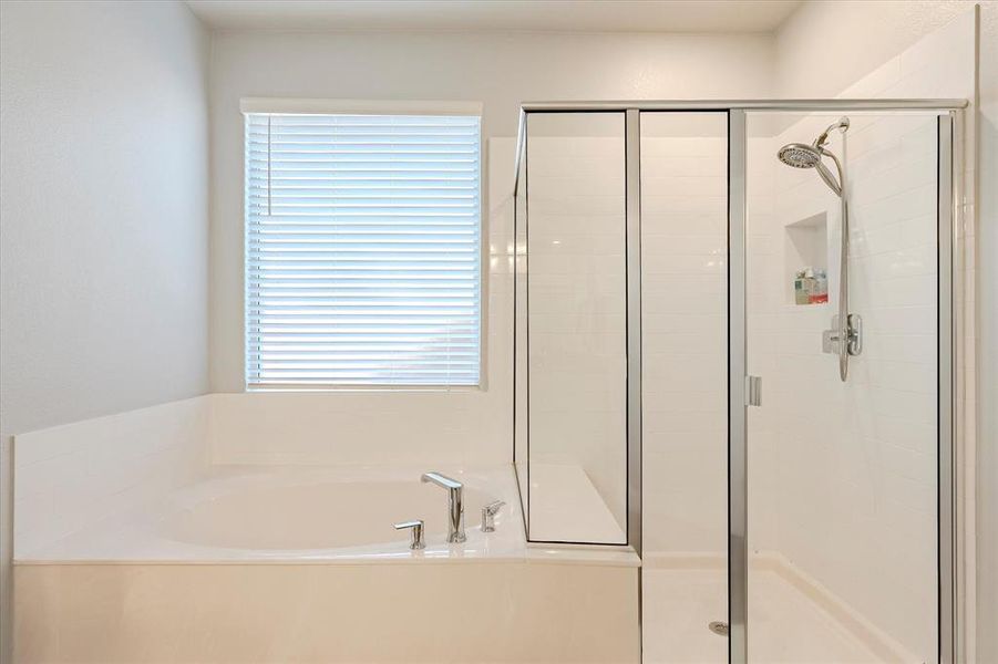 Primary Bathroom featuring plenty of natural light and separate shower and tub