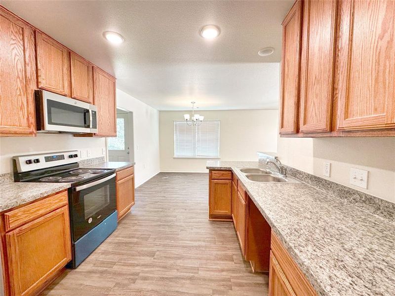 Kitchen with hanging light fixtures, sink, light hardwood / wood-style flooring, a chandelier, and stainless steel appliances